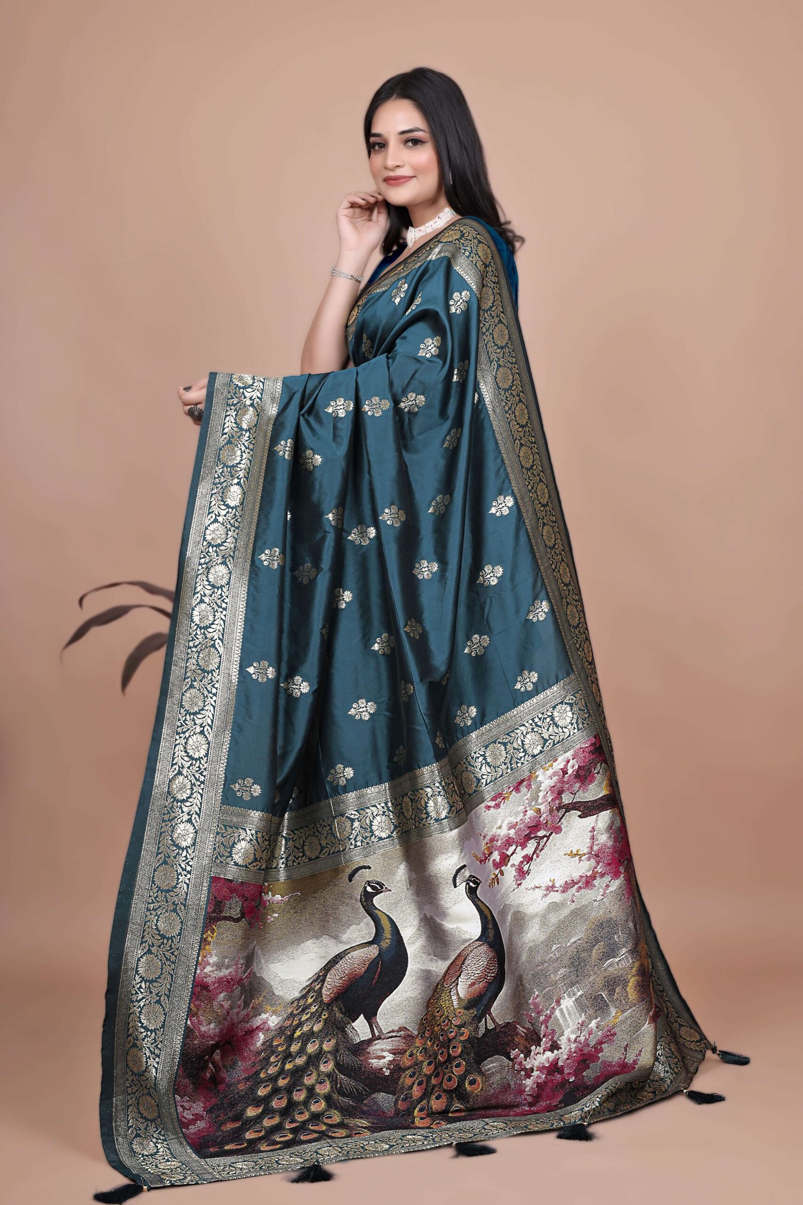 Teal Banarasi Silk Saree with Golden Zari & Peacock Pallu | Wedding, Festive & Traditional Wear