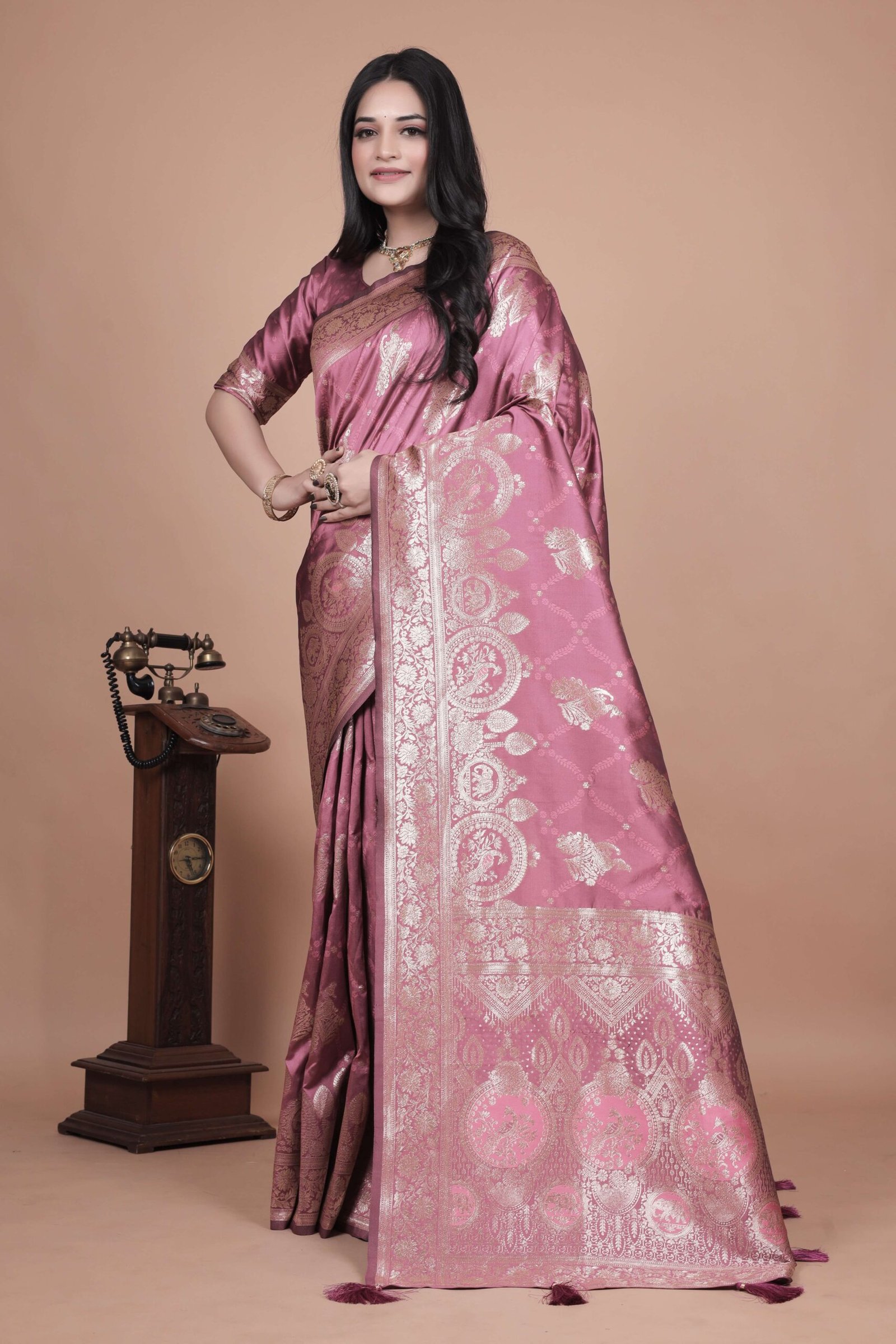 Rose Pink Banarasi Silk Saree with Silver Zari | Floral & Paisley Motifs | Wedding, Festive & Traditional Wear - Image 2