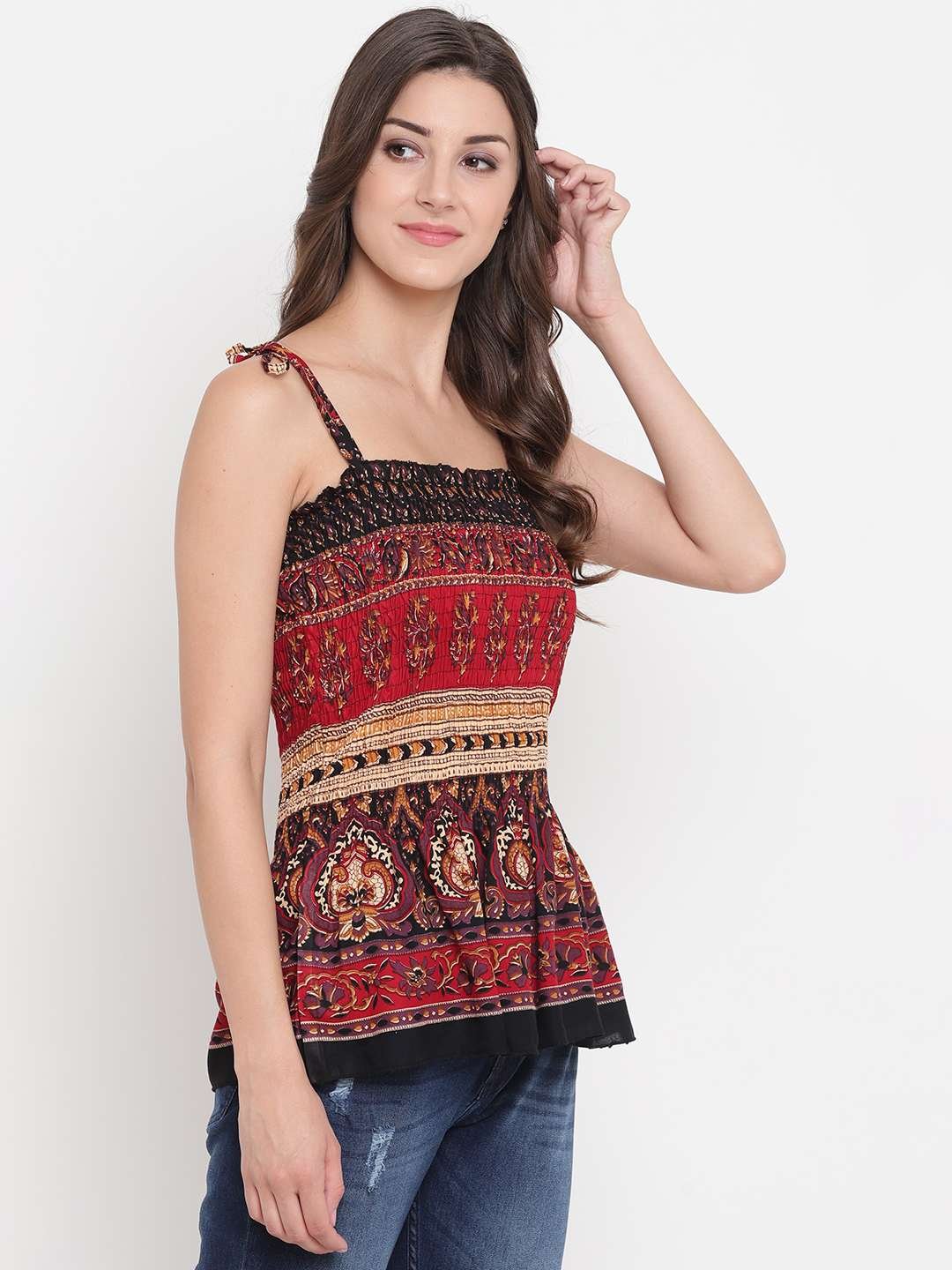 Women's Rayon Printed Casual Summer Style Tie Shoulder Straps Free Size Tank Top ( Multi6)