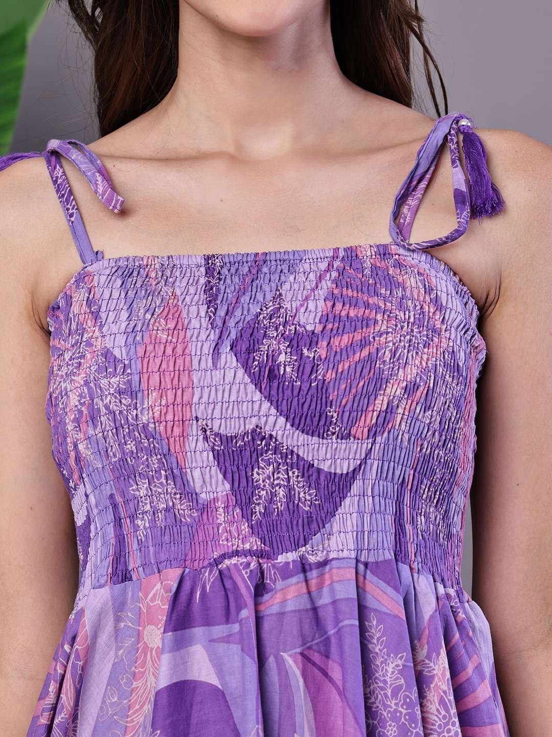Women's Purple Printed Cotton Handkerchief Hem Midi Dress - Image 5