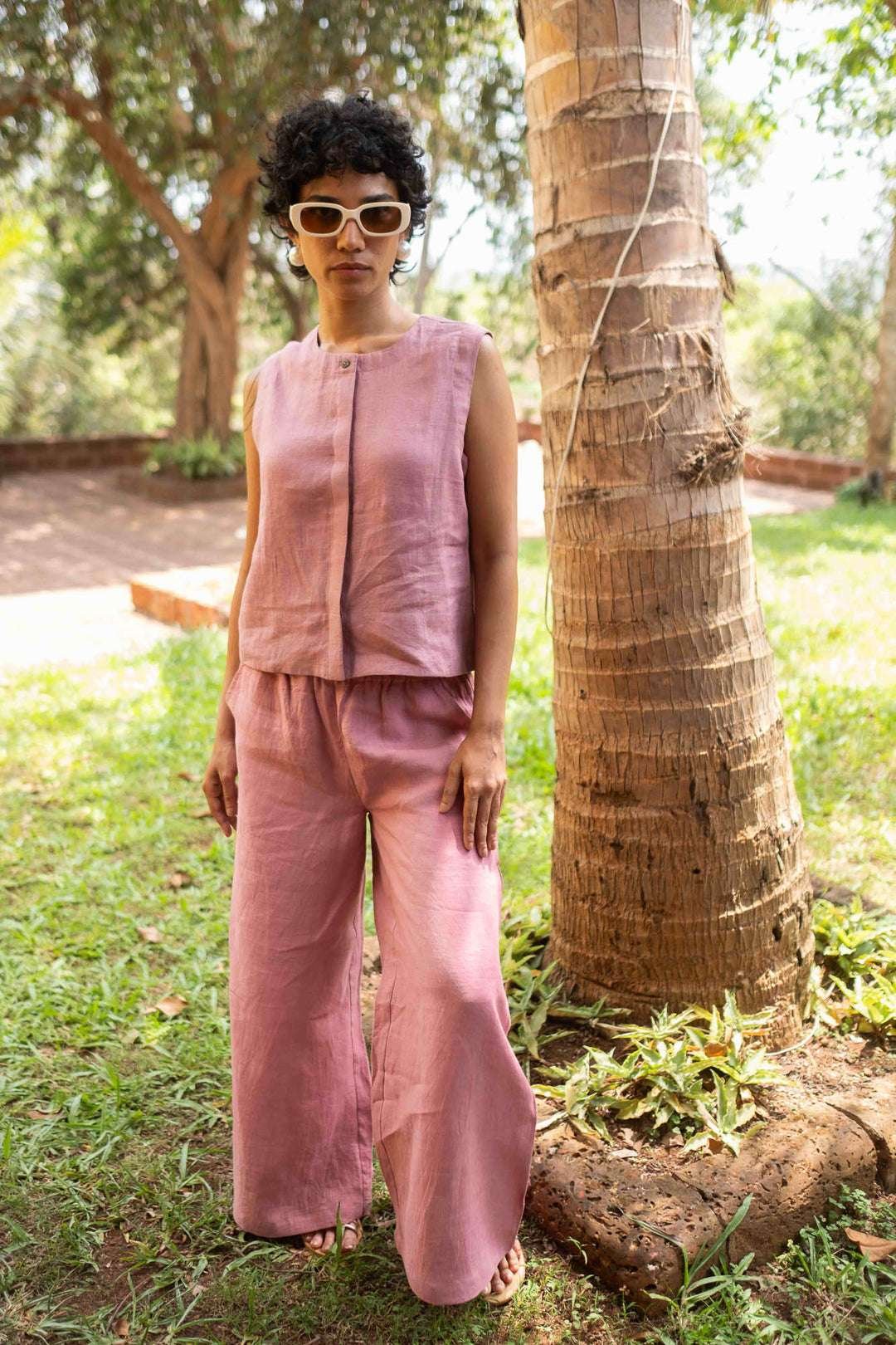 Women's Cotton Solid V Neck Sleeveless 2 Piece Outfit Loose Tank Top and Wide Leg Palazzo Pants Sets cord set ( Baby Pink )